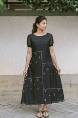 Black Handloom Blossoms 2.0 Chanderi Calf Length Dress