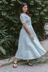 Greyish Blue Blossoms 2.0 Angrakha Chanderi Calf Length Dress