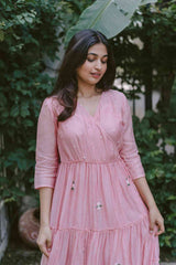 Pink Blossoms 2.0 Angrakha Tiered Calf Length Dress