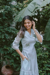 Greyish Blue Chanderi 3/4th Sleeved Calf Length Dress