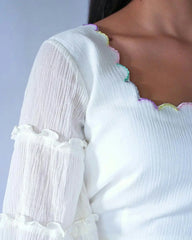 White Crushed Cotton Crop Top And Skirt