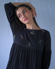 Crushed Cotton Knee Length Black Balloon Dress