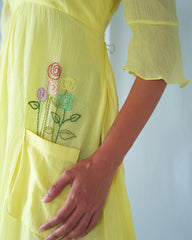 Yellow Floral Crushed Cotton Fit And Flare Dress
