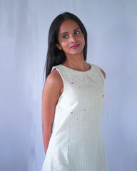 Cream A_line Calf Length Dress