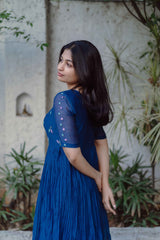 Midnight Blue Blossoms Chanderi Calf Length Dress