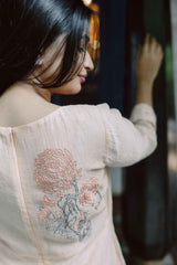 Salmon Colour Blossoms Calf Length Dress With 3/4th Sleeves