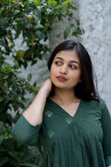 Bottle Green Calf Length Dress With 3/4 Sleeves