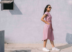 Mauve Knee Length Dress With Cutwork Belt