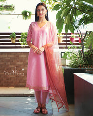 Pink Mul Chanderi Slit Kurti with Pant and Dupatta