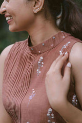 Brown Halter Neck Blossoms 2.0 Chanderi Calf Length Dress