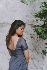 Grey Scallop Blossoms 2.0 Chanderi Calf_Length Dress