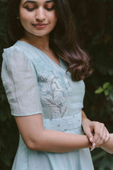 Greyish Blue Blossoms 2.0 Angrakha Chanderi Calf Length Dress