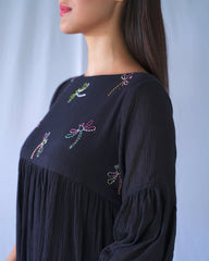 Crushed Cotton Knee Length Black Balloon Dress