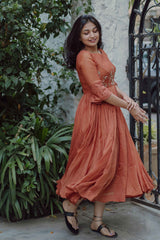 Brown Blossoms Chanderi Calf Length Dress