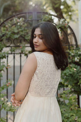 Off White Blossoms Calf Length Sleeveless Dress