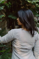 Grey Blossoms Calf Length Dress With 3/4 Sleeves
