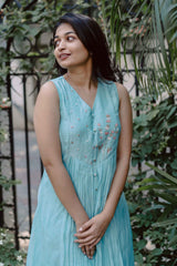 Blue Blossoms Chanderi Calf Length Dress