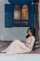 Salmon Colour Blossoms Calf Length Dress With 3/4th Sleeves