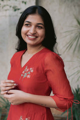 Red Blossoms Calf Length Dress With 3/4th Sleeves