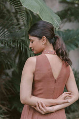 Brown Halter Neck Blossoms 2.0 Chanderi Calf Length Dress