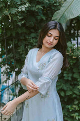 Greyish Blue Chanderi 3/4th Sleeved Calf Length Dress