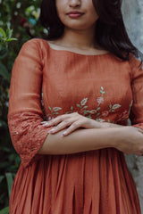 Brown Blossoms Chanderi Calf Length Dress