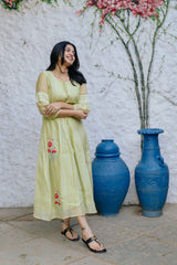Green Blossoms Chanderi Ankle Length Dress