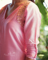 Pink Mul Chanderi Slit Kurti with Pant and Dupatta