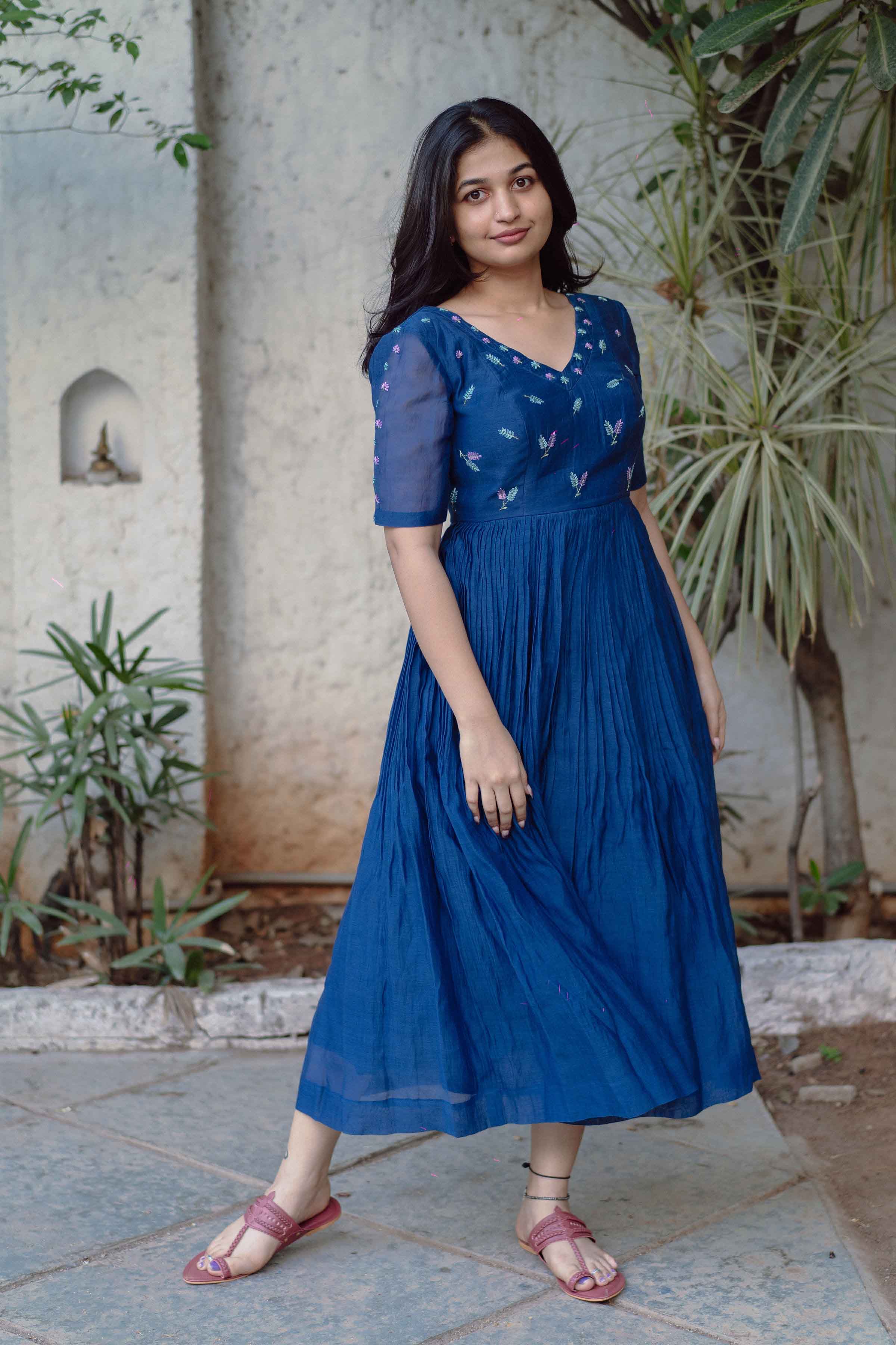 Buy Chanderi Midnight-Blue Handloom Dress for Women