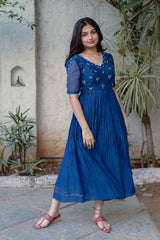 Midnight Blue Blossoms Chanderi Calf Length Dress