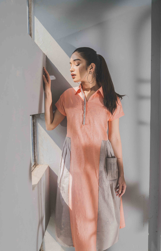 Buy Peach Grey Side Gathered Calf Length Dress