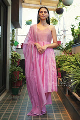 Pink Spaghetti Strap Anarkali Kurta Pant Suit Set
