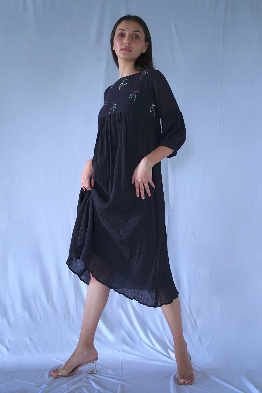 Crushed Cotton Knee Length Black Balloon Dress