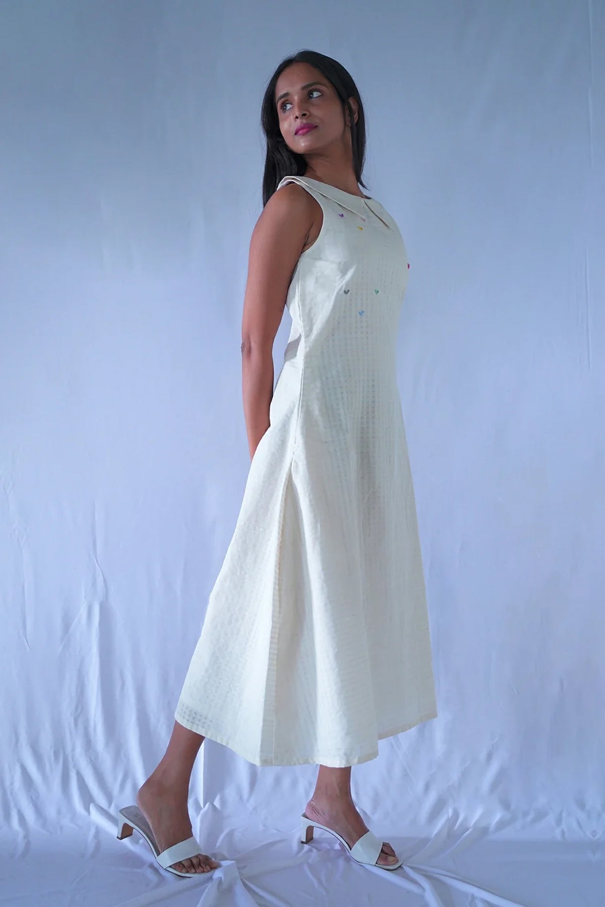 Cream A_line  Calf Length Dress