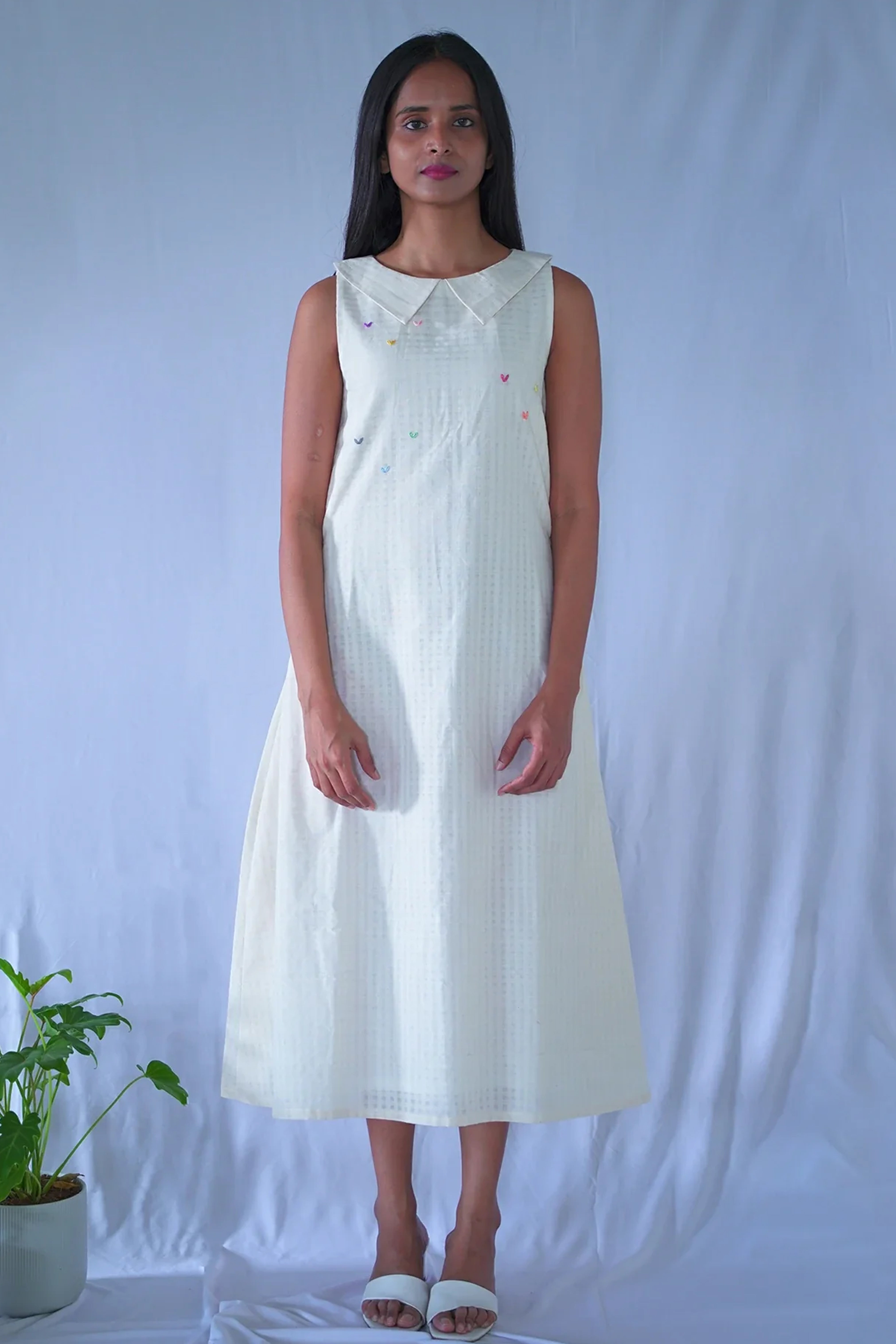 Cream A_line  Calf Length Dress