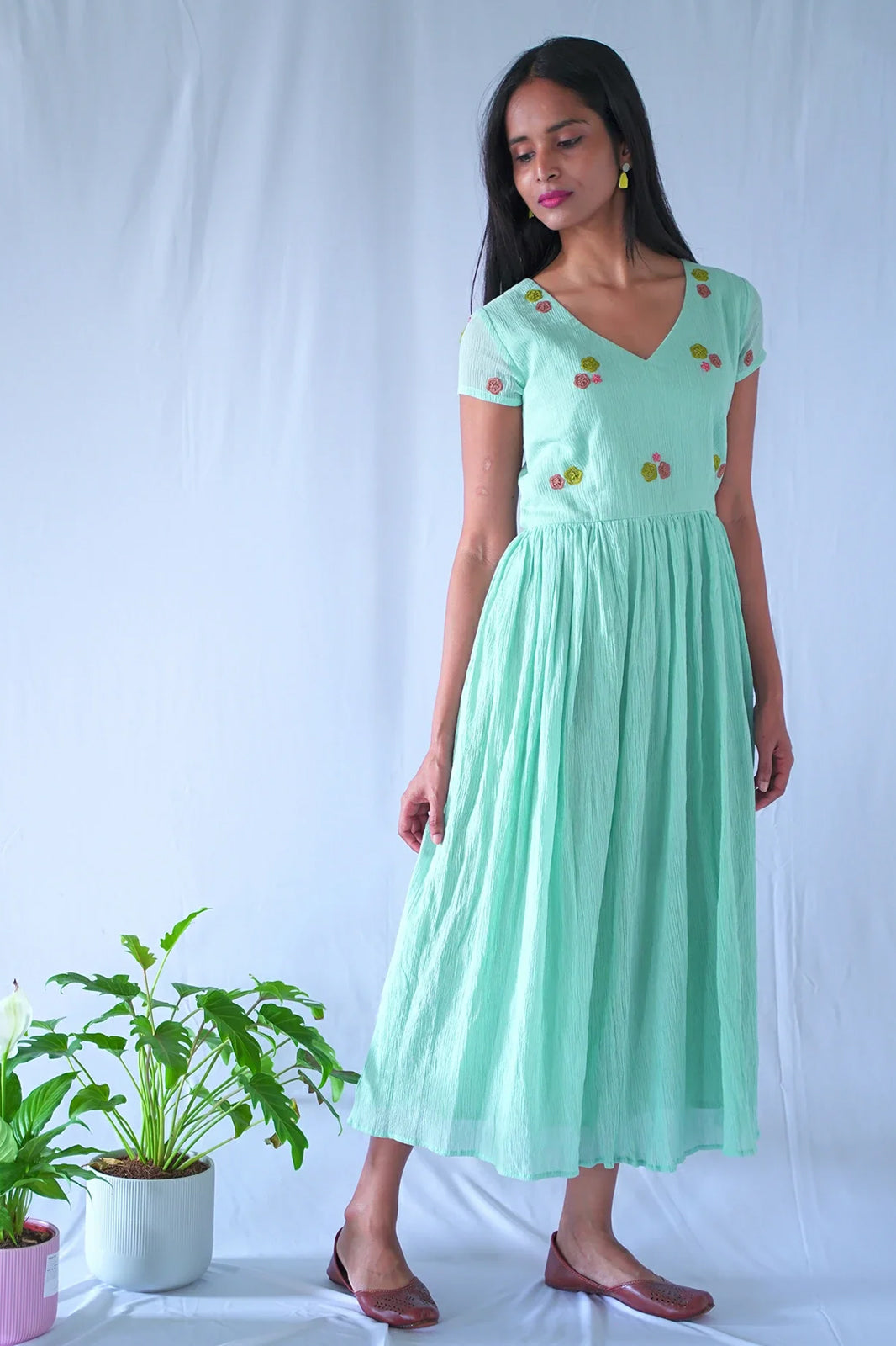 Teal Floral Fit And Flare Dress