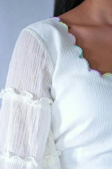 White Crushed Cotton Crop Top And Skirt