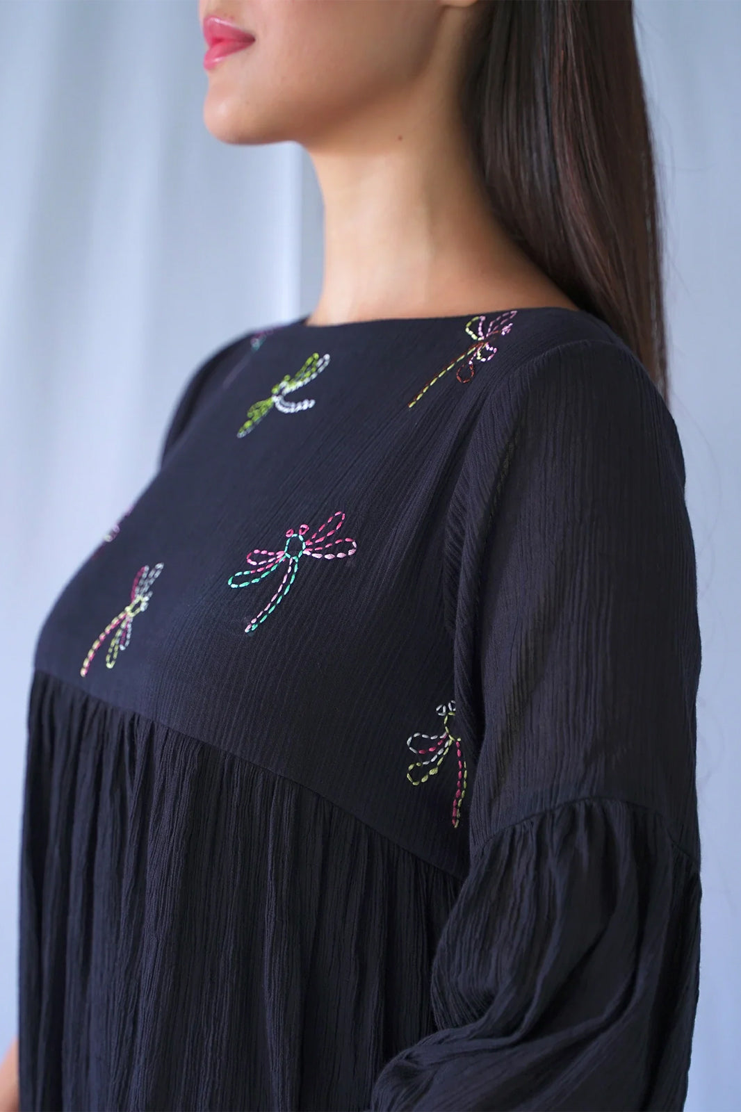 Crushed Cotton Knee Length Black Balloon Dress