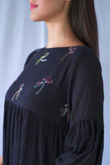 Crushed Cotton Knee Length Black Balloon Dress