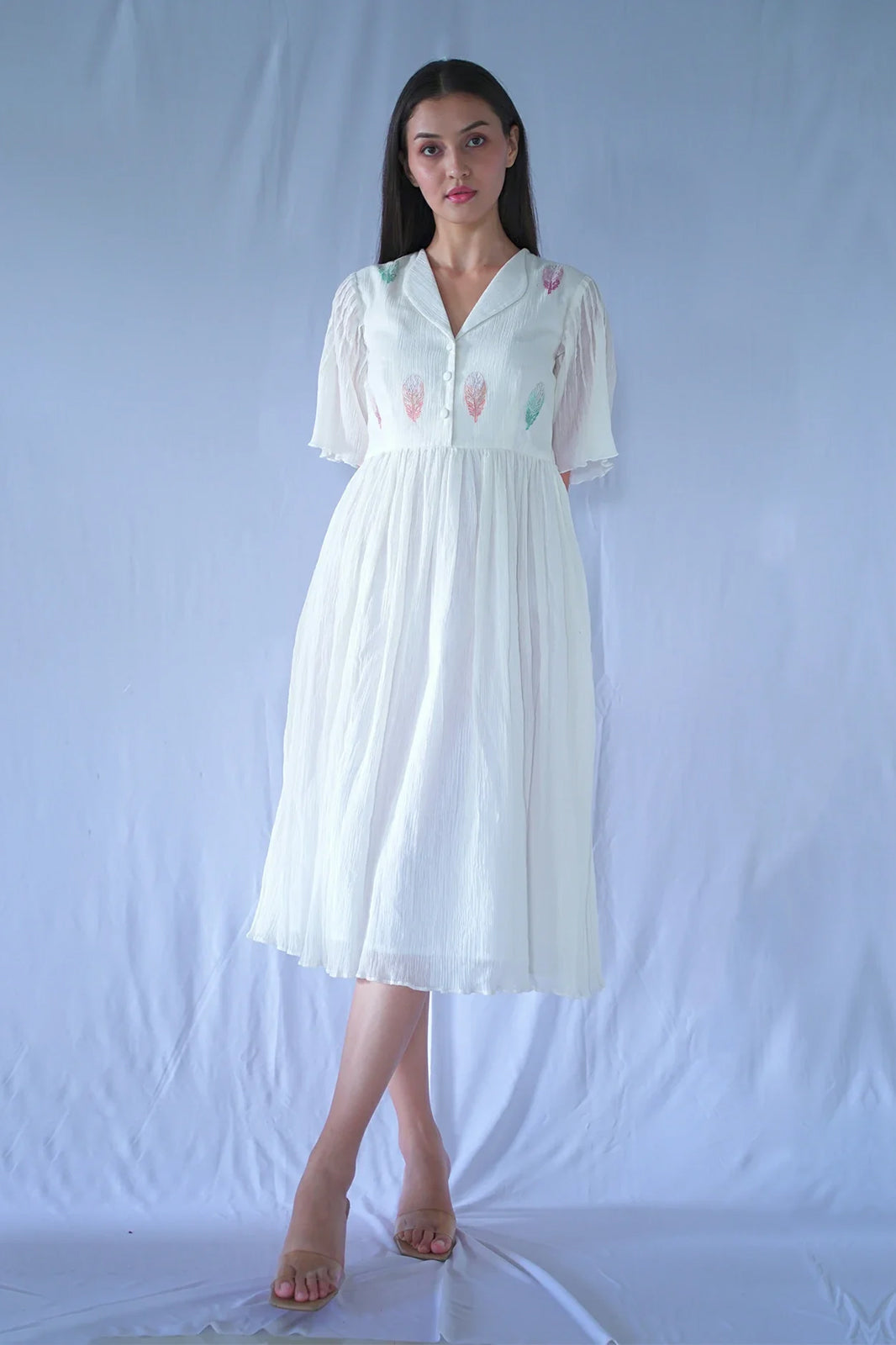 White Fit And Flare Crushed Cotton Dress