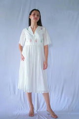 White Fit And Flare Crushed Cotton Dress