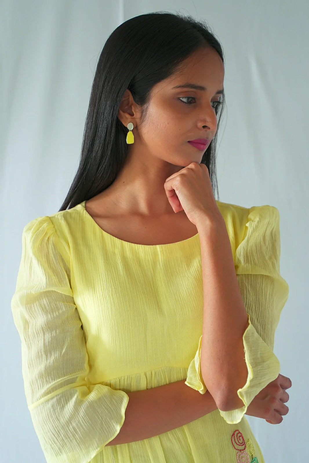 Yellow Floral Crushed Cotton Fit And Flare Dress
