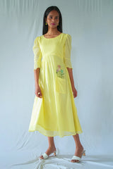 Yellow Floral Crushed Cotton Fit And Flare Dress