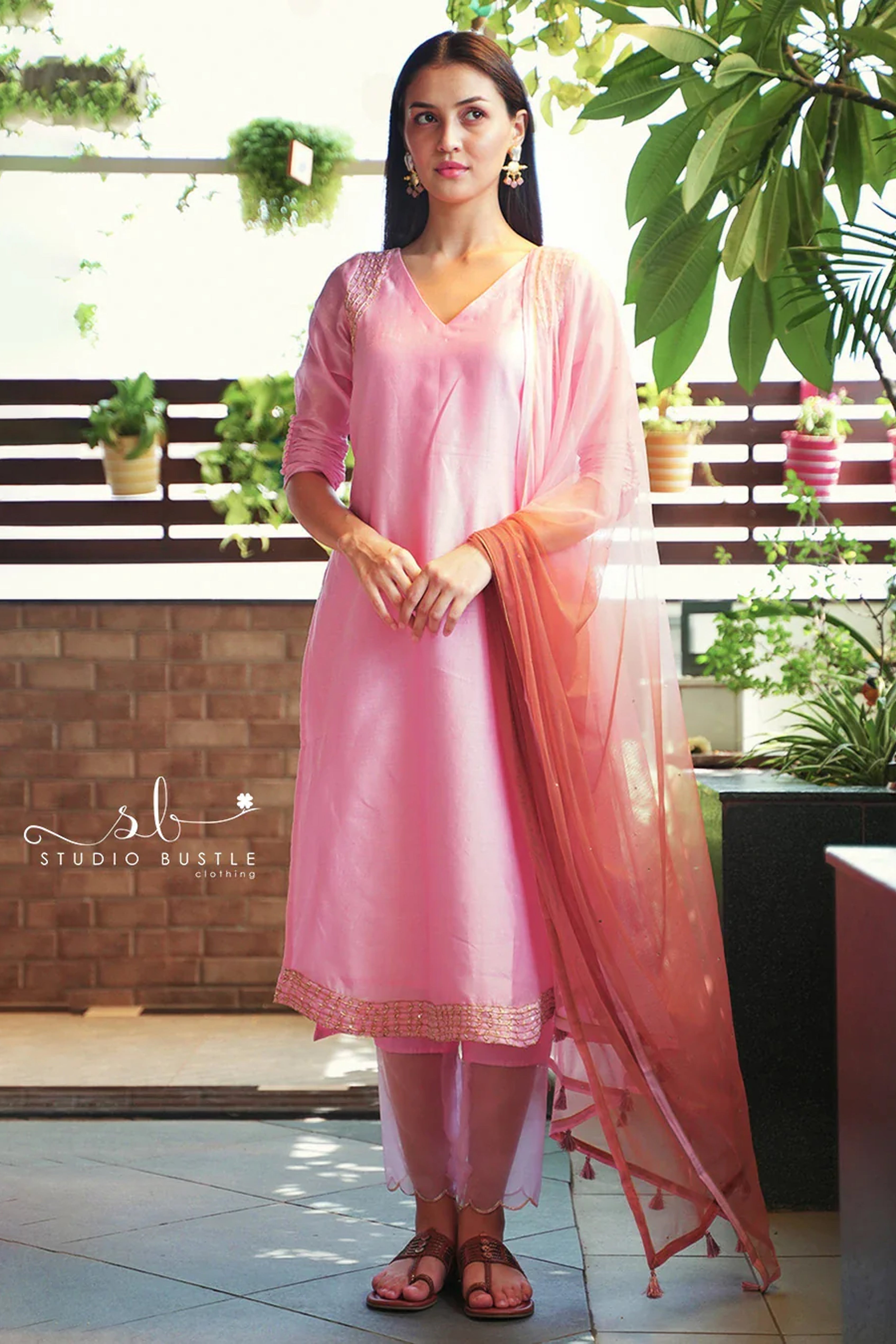 Pink Mul Chanderi Slit Kurti with Pant and Dupatta
