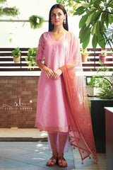 Pink Mul Chanderi Slit Kurti with Pant and Dupatta