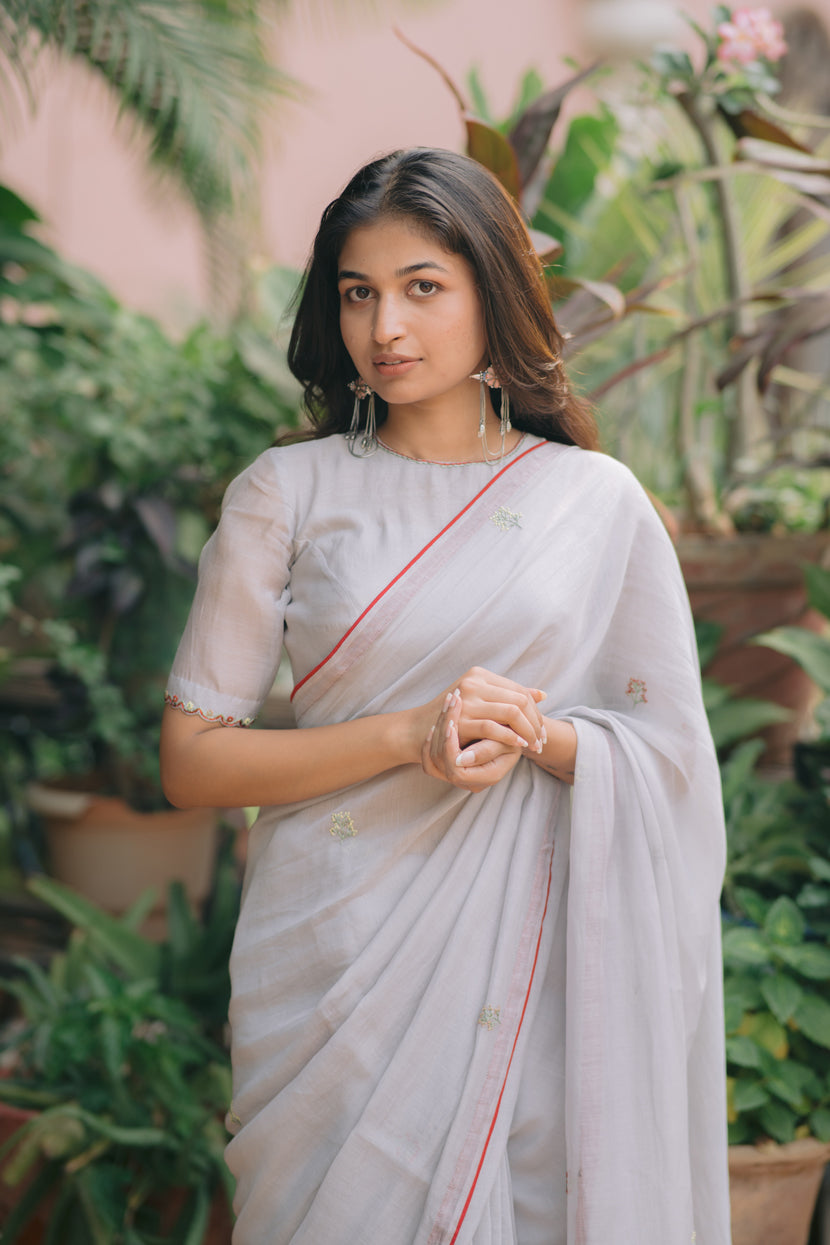 Grey Handloom Chanderi Lace Saree