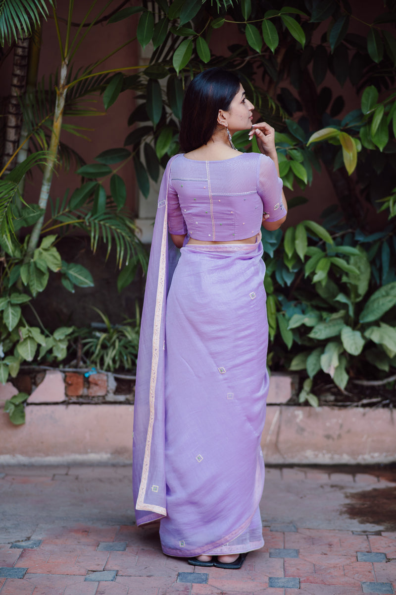 Lilac Handloom Chanderi Lace Saree