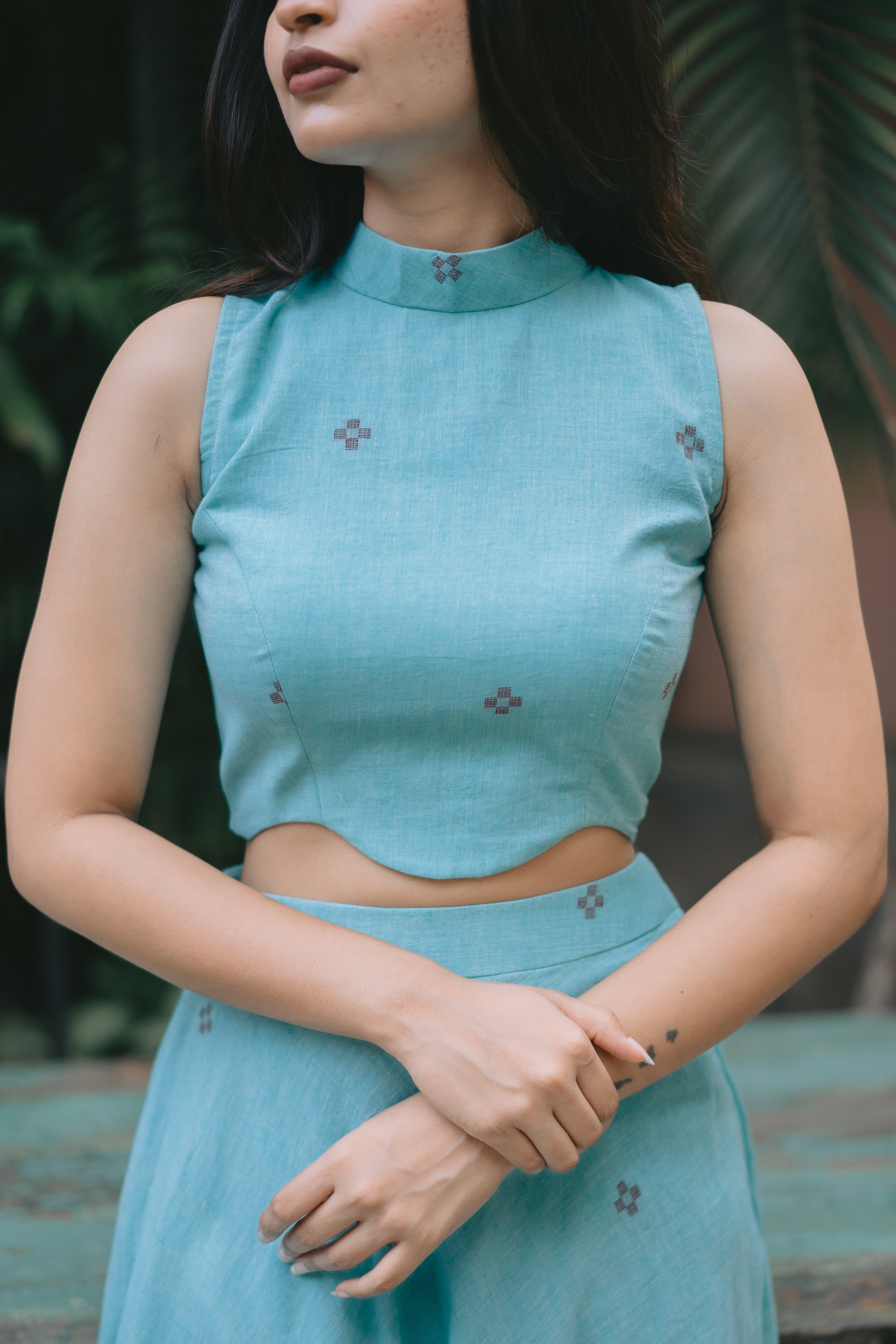 Turquoise Blue Jamdani Halter Crop Top and Skirt Co-ord Set
