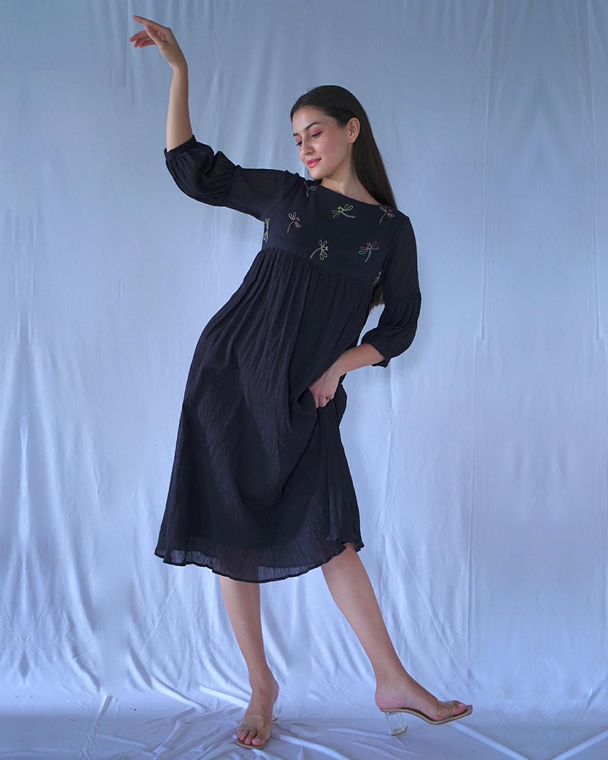 Buy Black Crushed Cotton Knee Length Balloon Dress | Studio Bustle Buy Black Crushed Cotton Knee Length Balloon Dress | Studio Bustle