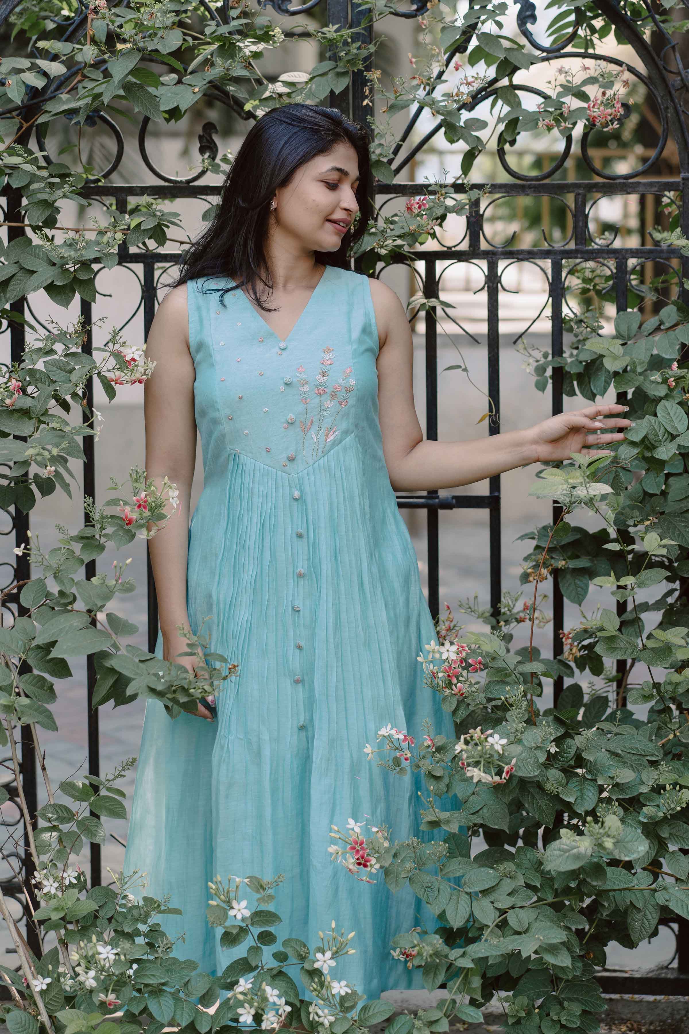 Blue Blossoms Chanderi Calf Length Dress